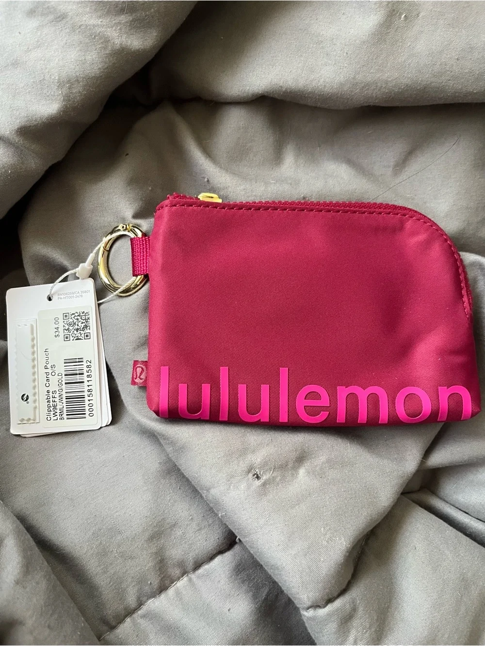 Lululemon Red/Pink Clippable Card Pouch with Gold Ring